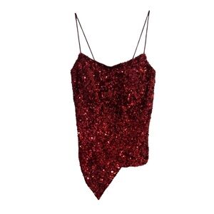 Vintage Cache red sequin silk asymmetrical cami top Size M.